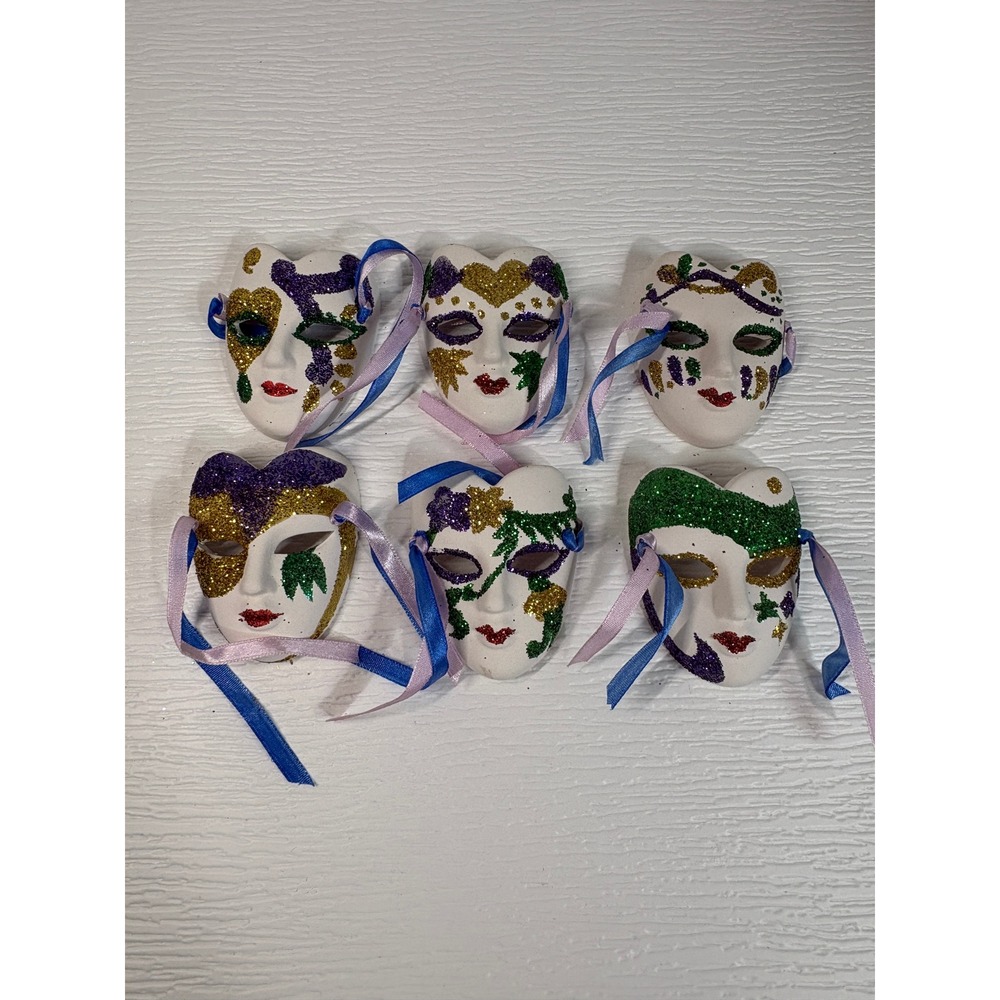 Set of 6 Mini Mardi Gras Ceramic Masquerade Masks Glitter Decor 3 Inch S0168
